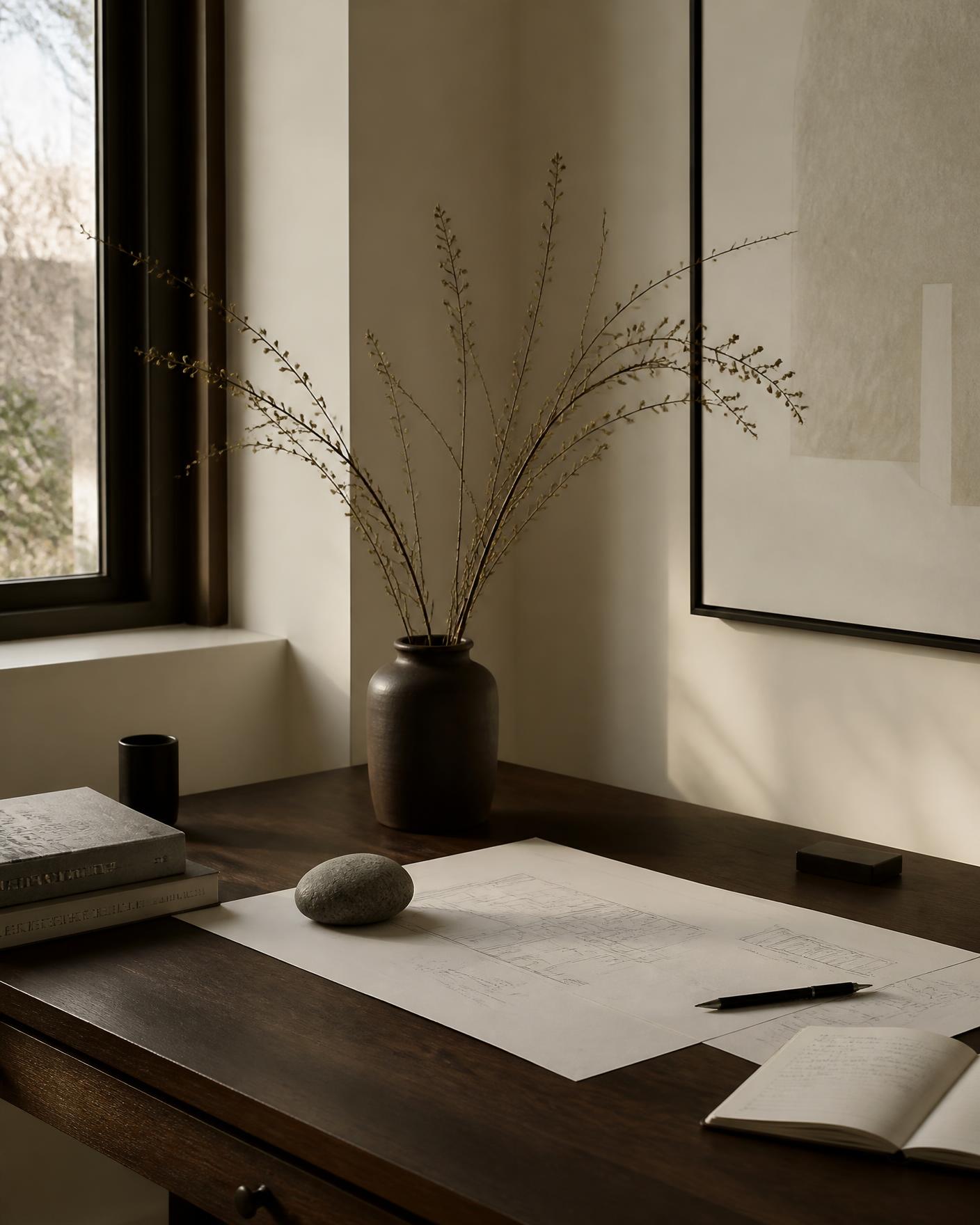 Quiet study with architectural drawings, a stone weight and a ceramic vessel