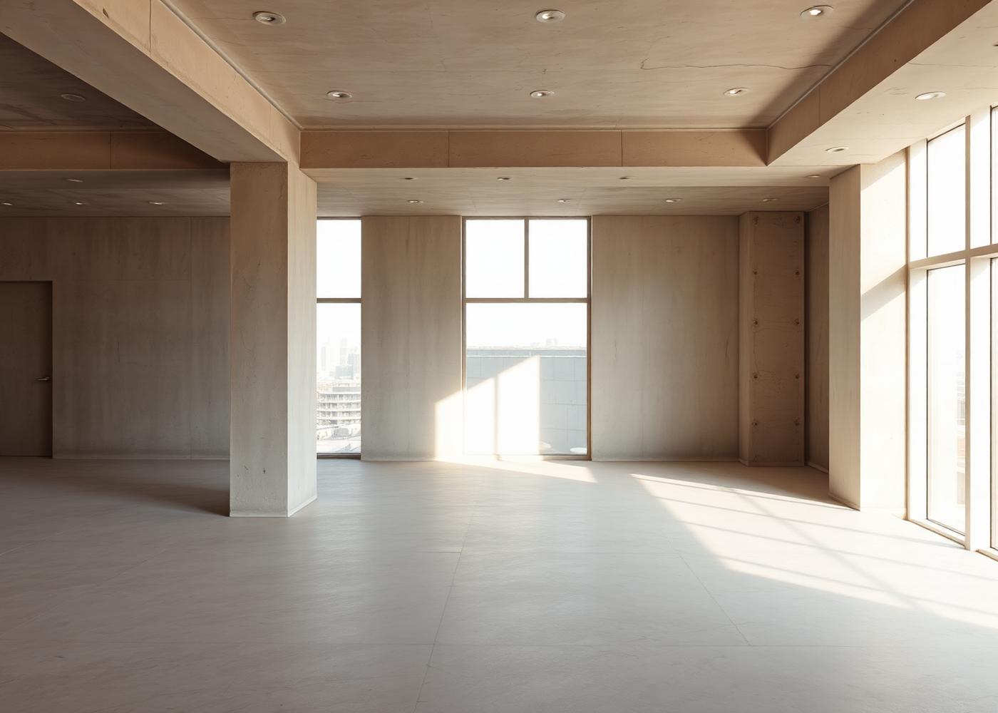Empty premium apartment shell with large windows and raw surfaces
