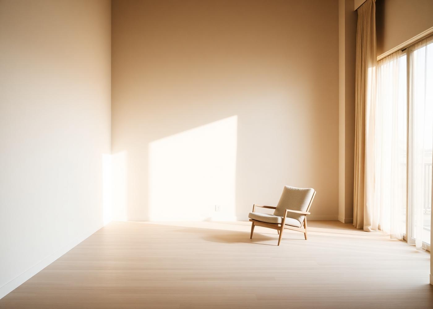 Minimal room with a single linen chair beside a tall curtained window