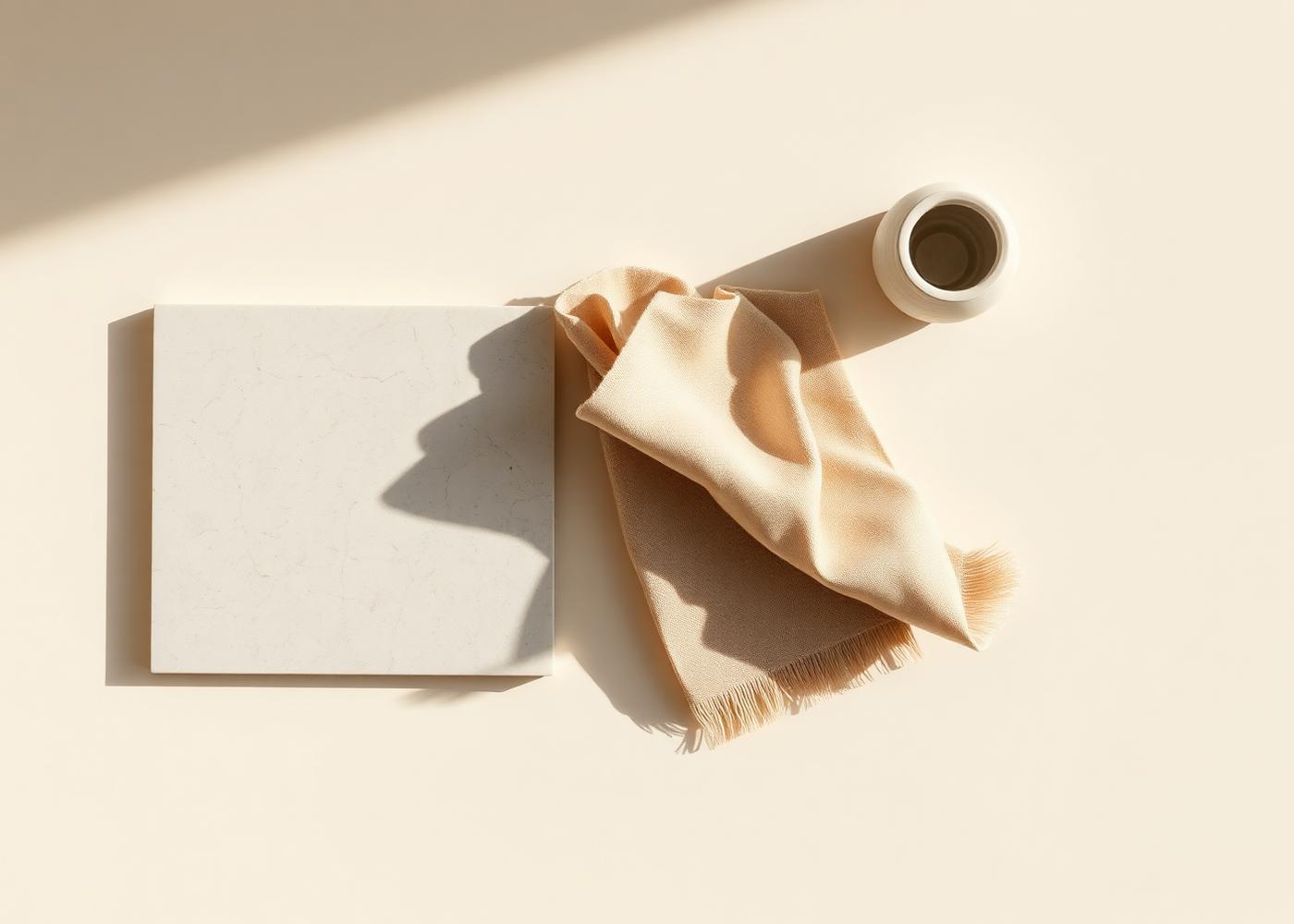 Material palette of travertine, oak and linen on a warm ivory surface