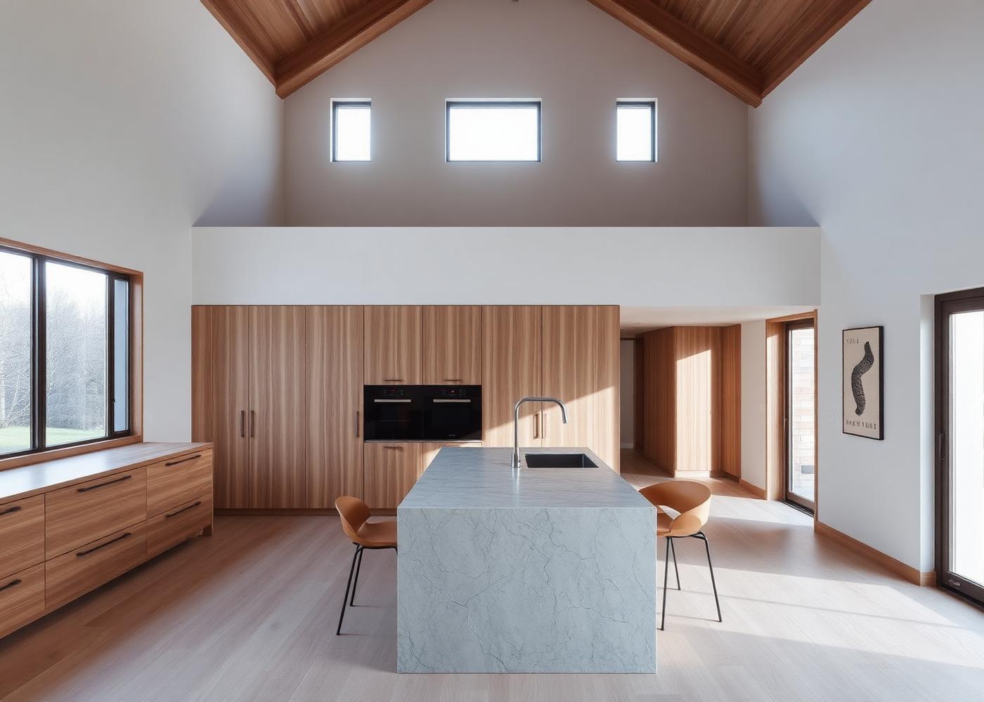 Newly built minimal interior with oak joinery and stone island