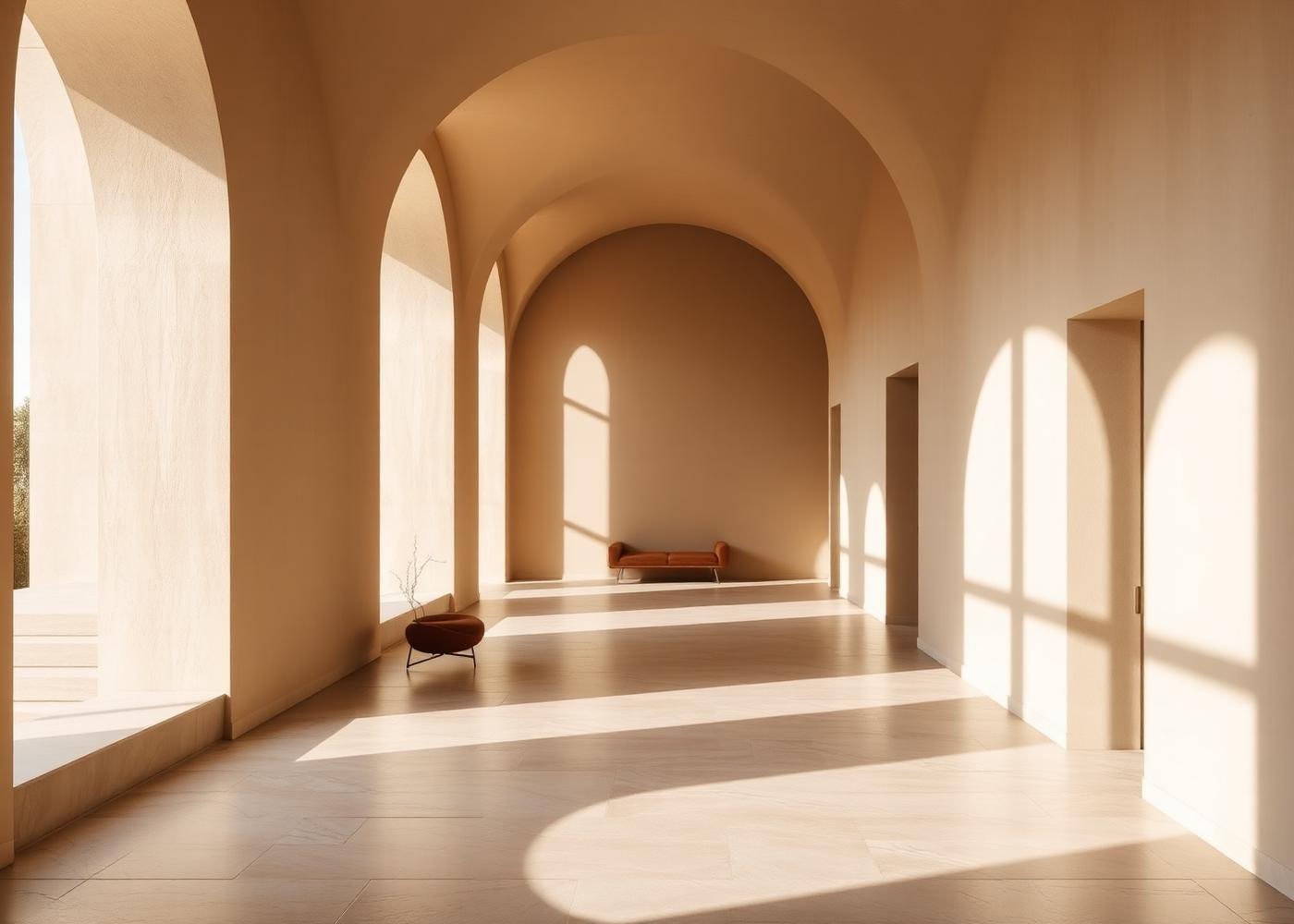Arched interior corridor in travertine with layered daylight